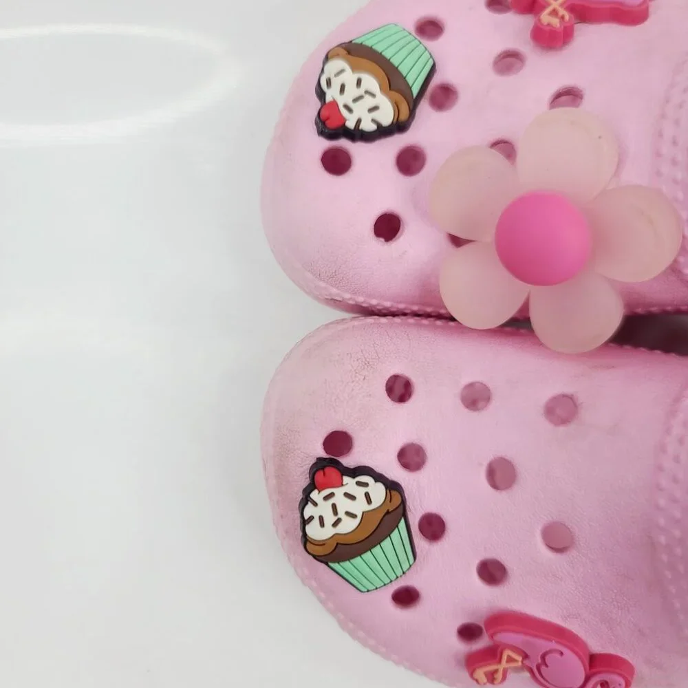 Crocs Girls' Candy Pink Classic Slip-On Clogs w/ Ice-cream Flamingo Charm Size 7
